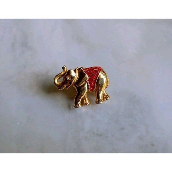 Avon Jewelry - Vintage Gold Tone Avon Red Enamel & Rhinestone Elephant Tie Tack Pin